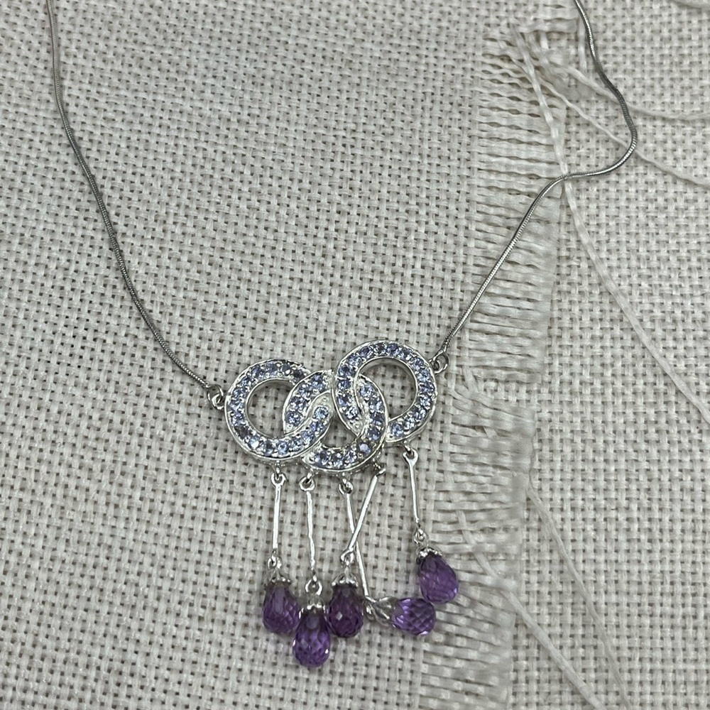 90s Vintage Sterling Silver Necklace with Amethyst & Tanzanite Gemstones - Picture 11 of 13